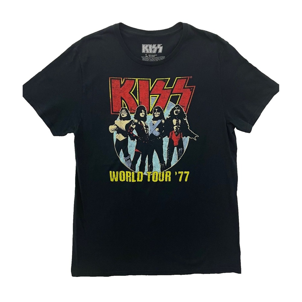 Kiss World Tour 1977 Black T-Shirt Large Band Concert Tee - Picture 1 of 3